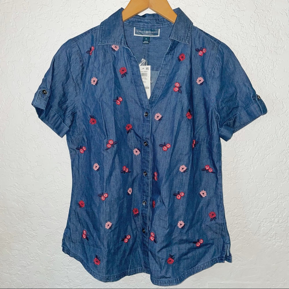 Karen Scott Embroidered Flower Button Down